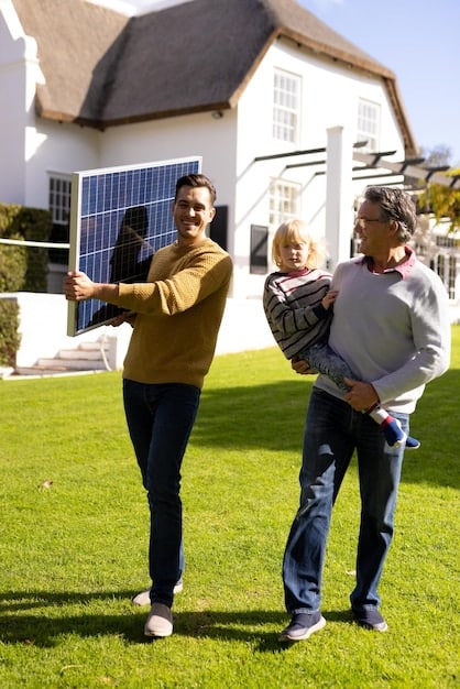 A smiling family standing in front of their home with newly installed solar panels, emphasizing the positive impact of solar energy adoption on households.