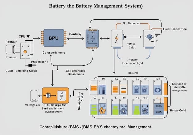 A schematic diagram of an energy management system (EMS) for a grid-scale battery storage facility. The diagram should show sensors, data acquisition units, control algorithms, and communication interfaces.