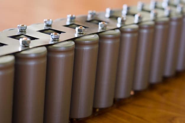 Close-up shot of a lithium-ion battery module within a grid-scale storage facility, emphasizing its compact design and advanced thermal management system. The focus is on the intricate details of the battery technology and its contribution to energy storage efficiency.