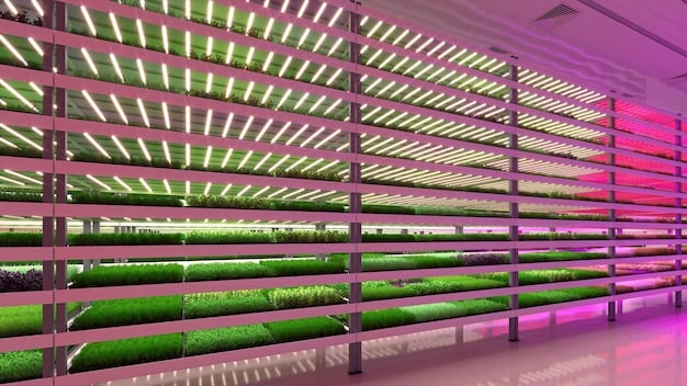 Interior of a vertical farm showcasing automated systems for planting, watering, and harvesting crops, controlled by computer systems.