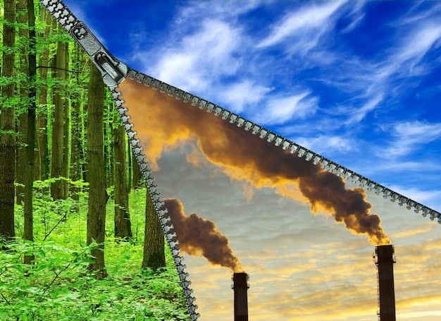 A split image showing the environmental impact of a coal plant, with one side displaying polluted air and water and the other side showing cleaner conditions after the implementation of the carbon capture technology and other pollution control measures.