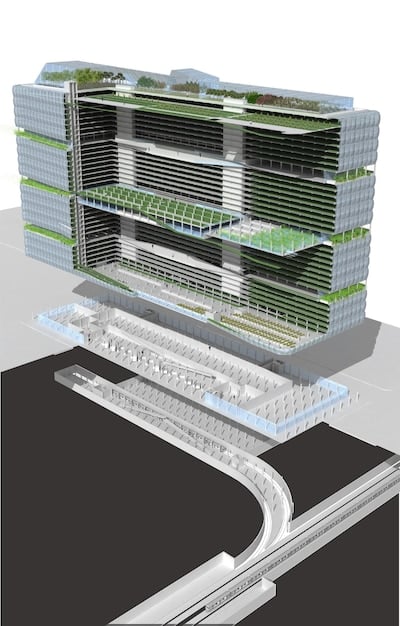 A detailed architectural rendering highlighting the energy-efficient features of a commercial building designed under LEED v5, including advanced insulation, smart lighting systems, and rainwater harvesting.