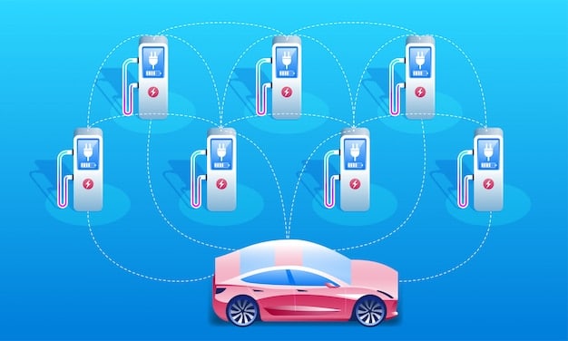 An illustration of an EV battery management system, showing detailed data on battery health, charging status, and energy usage. The image emphasizes the real-time monitoring and optimization capabilities.