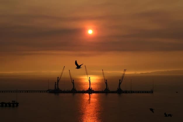A visual representation of an offshore wind farm at sunset, with interconnected turbines powering a brightly lit cityscape in the distance. The illustration depicts the integration of offshore wind energy into urban energy infrastructure.
