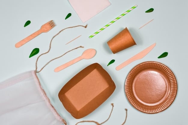 Close-up shot of various bioplastic products, including packaging, cutlery, and plant pots, arranged on a wooden table. The image showcases the versatility of bioplastics and their potential applications in everyday life.
