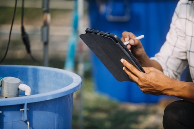 Close-up of a water quality testing device being used at a municipal water treatment facility, displaying detailed data on water purity and chemical levels.