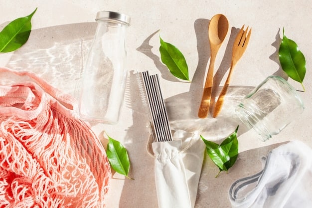 Close-up of various bioplastic products like cutlery, packaging, and bottles, showcasing their texture and appearance, emphasizing that they are indistinguishable from conventional plastic products.