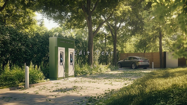 An electric car charging at a public charging station in a suburban neighborhood, with houses and trees in the background. The focus is on clean transportation and electric vehicle infrastructure.