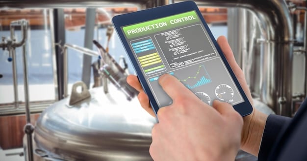 A dashboard interface showing real-time energy consumption data, predictive maintenance alerts, and AI-driven optimization recommendations for a manufacturing plant.