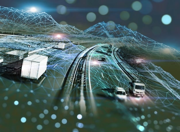 A visual representation of a supply chain network, with AI algorithms optimizing routes, predicting demand, and reducing waste at each stage, from raw materials to delivery.