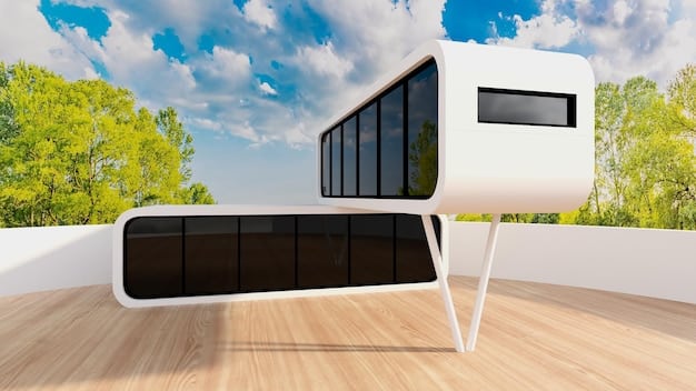 An architectural rendering of a building designed with AI, showcasing energy-efficient features such as solar panels, green roofs, and smart windows. The building appears modern and sustainable.