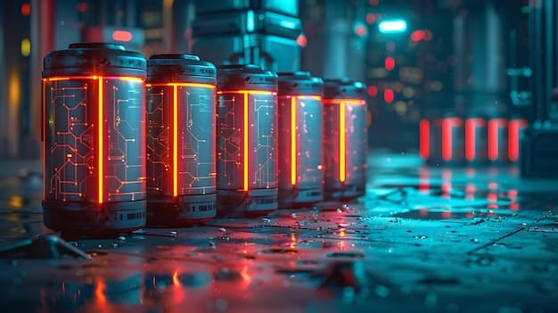 A visual representation of an energy storage system, such as a large-scale battery installation, connected to a wind farm; showcasing how energy storage can smooth out the intermittency of renewable energy and provide a stable power supply.