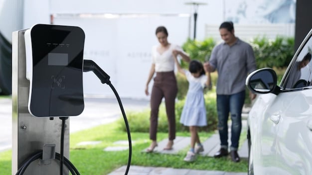 A diverse group of people standing around an electric vehicle charging station in a suburban neighborhood. Solar panels are visible on the rooftops of nearby houses, illustrating the integrated nature of renewable energy.