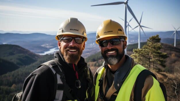 A coal miner shaking hands with a solar panel technician in front of a renewable energy plant. The miner is smiling and wearing a hard hat, symbolizing a transition to a new career.