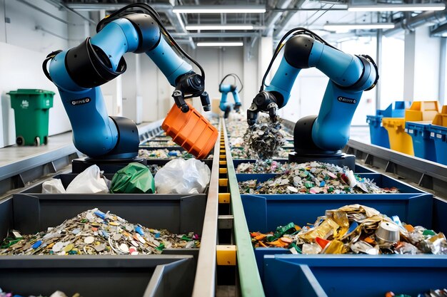 An advanced recycling plant where AI-powered robots are sorting different types of waste materials (plastic, paper, glass) with high precision and speed. The image emphasizes the role of AI in improving waste management efficiency.