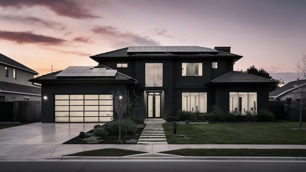 A sleek, modern home with solar panels on the roof, connected to a home energy storage system in the garage. The system includes lithium-ion batteries and a smart inverter, visually representing a self-sufficient and sustainable energy solution.