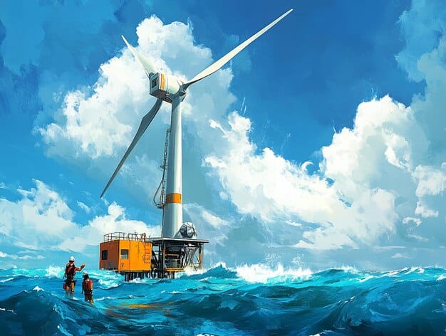 A vibrant illustration showing the supply chain involved in offshore wind farm construction, from manufacturing turbine components to transporting and assembling them at sea. The image highlights the various industries and jobs supported by the offshore wind industry.