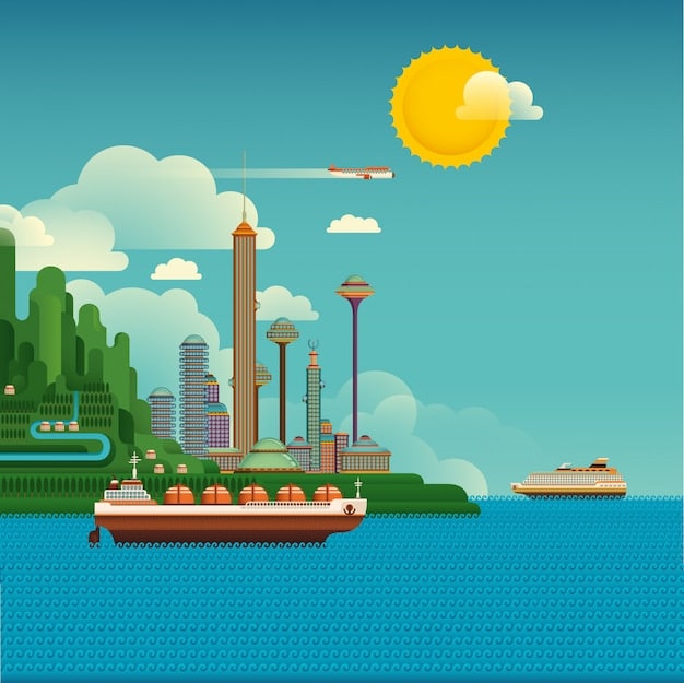 An illustration showing the transition of a coastal city's energy sources, with a gradual shift from traditional power plants to offshore wind farms. The city skyline features both old and new energy infrastructure, symbolizing the change.