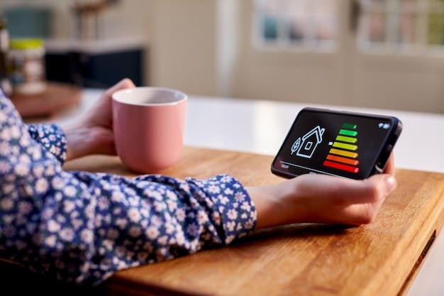 A close-up shot of a smart thermostat displaying energy usage data, with graphs and charts illustrating energy consumption patterns and potential savings.