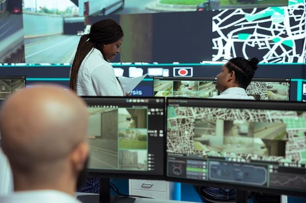 A smart grid control room with operators monitoring energy flow, showing real-time data visualizations on large screens.