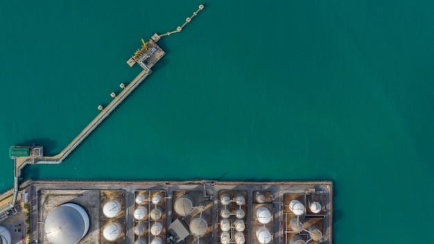 An aerial view of an oil refinery in the Gulf Coast region of the United States, showing signs of damage from a recent hurricane. Debris is scattered around the facility, and some storage tanks appear to be breached.
