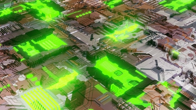 A conceptual image illustrating cybersecurity threats to a smart grid with various DERs interconnected; the image shows data streams being intercepted and manipulated, highlighting the vulnerability of distributed energy systems.