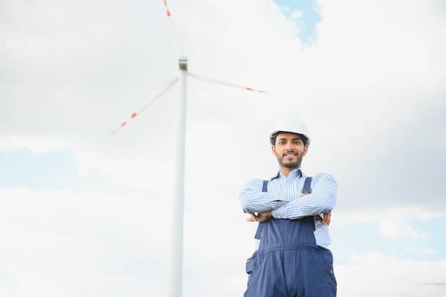 A photo of a wind turbine technician climbing a turbine tower, showcasing a skilled worker in a safe and modern energy job. The background features a wind farm at sunset, emphasizing renewable energy in action.