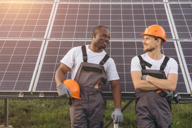 A diverse group of workers installing solar panels on a residential rooftop, showcasing the job creation aspect of renewable energy.