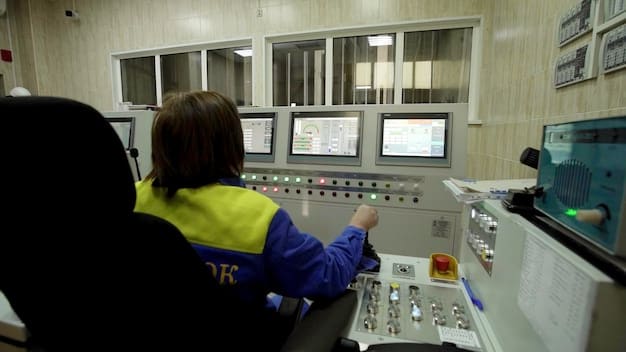 A clean and modern control room of a nuclear power plant, with operators monitoring data on large screens. The atmosphere is calm and professional.